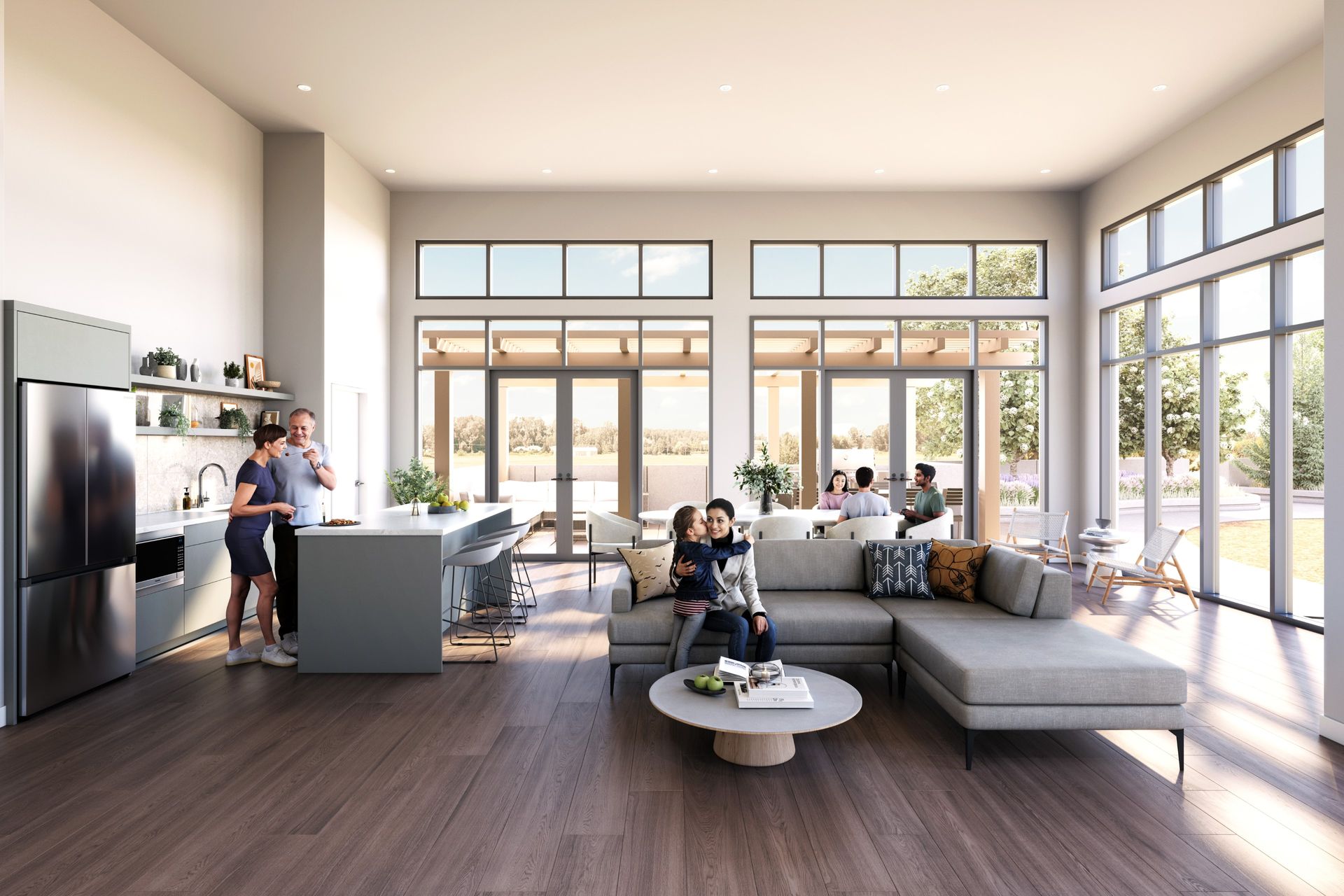 Real estate presale amenities rendering. Party lounge room. Realistic people in renderings. Interior design, high ceiling.