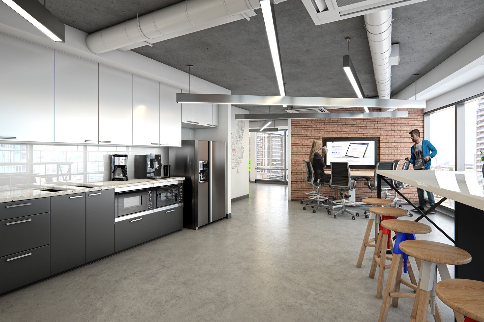 Commercial interior design amenities lunch room rendering. LED light fixture rendering.