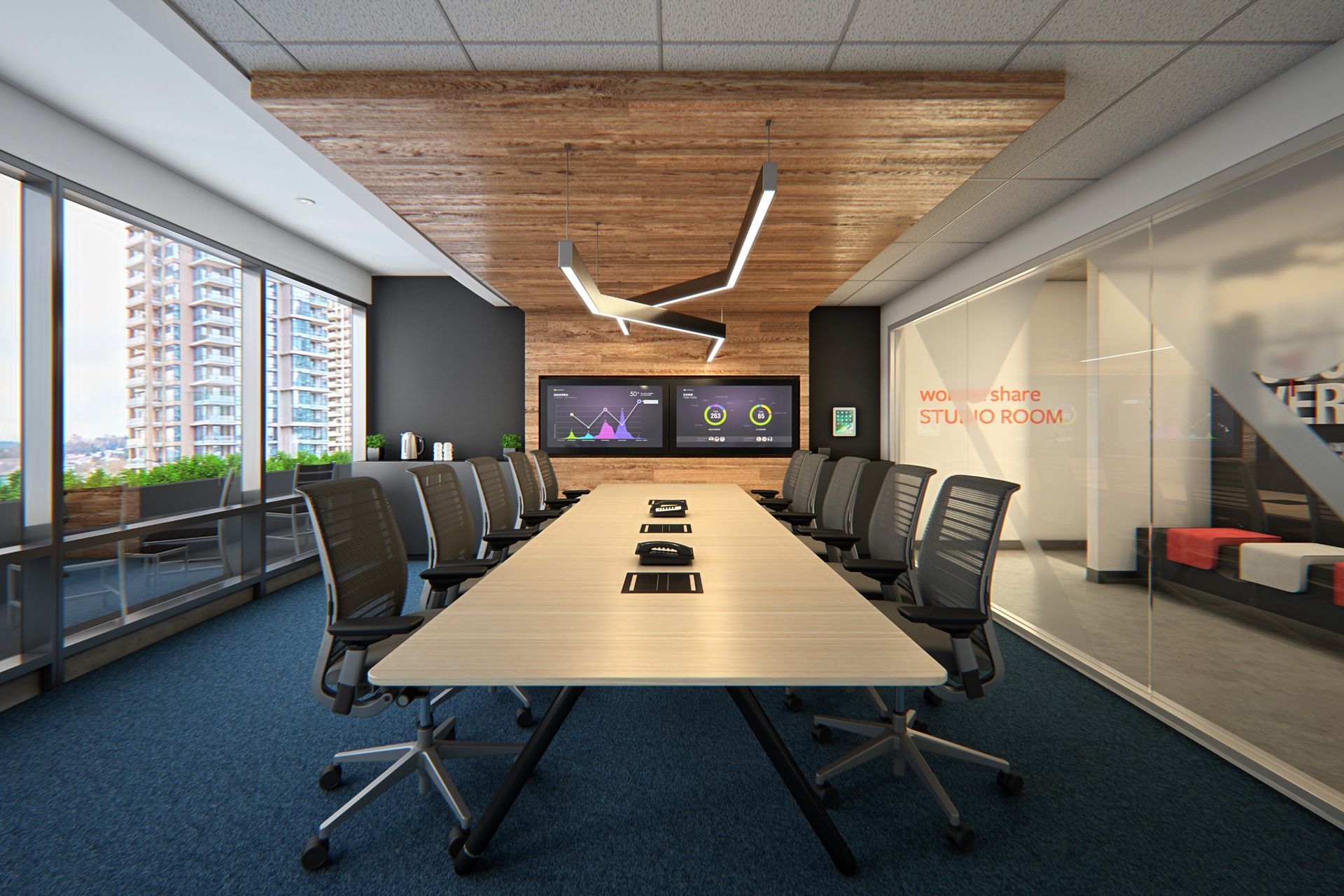 Commercial interior design office boardroom rendering. LED light fixture rendering.