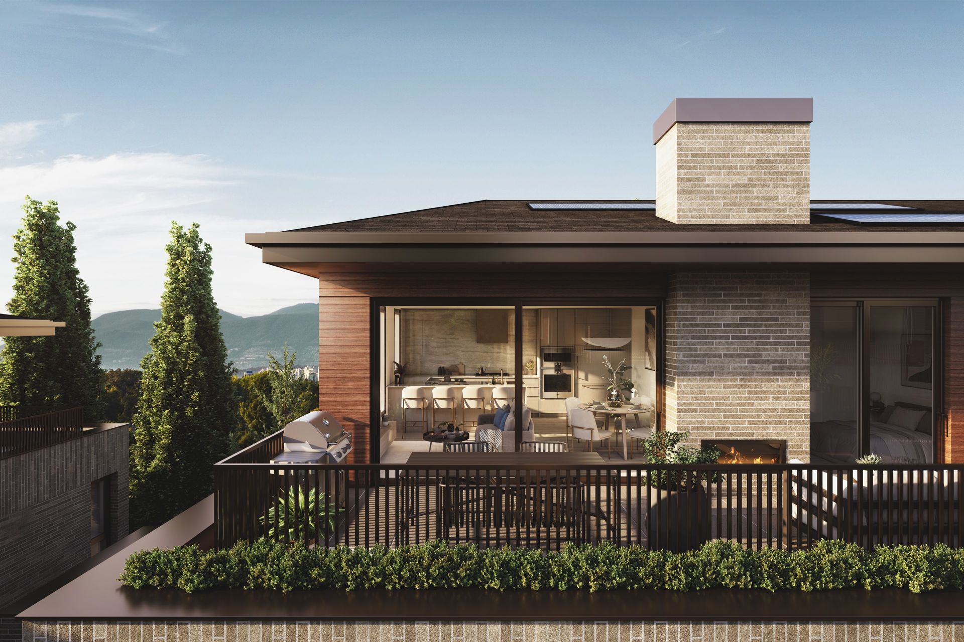 Real estate presale rendering. Patio view high detailed living room window rendering. Patio with fireplace.