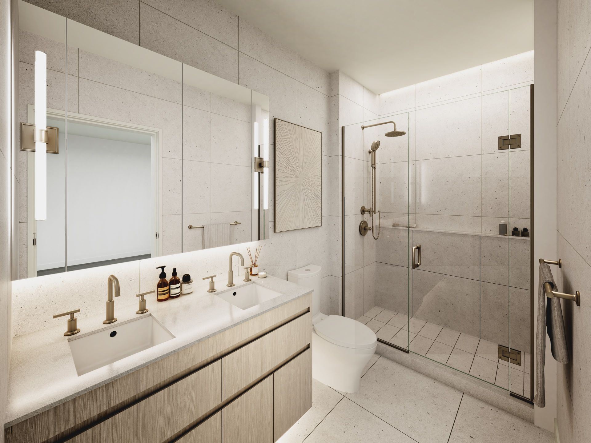 Real estate presale interior design rendering. Bathroom rendering with light wood and luxury stone walls and flooring.