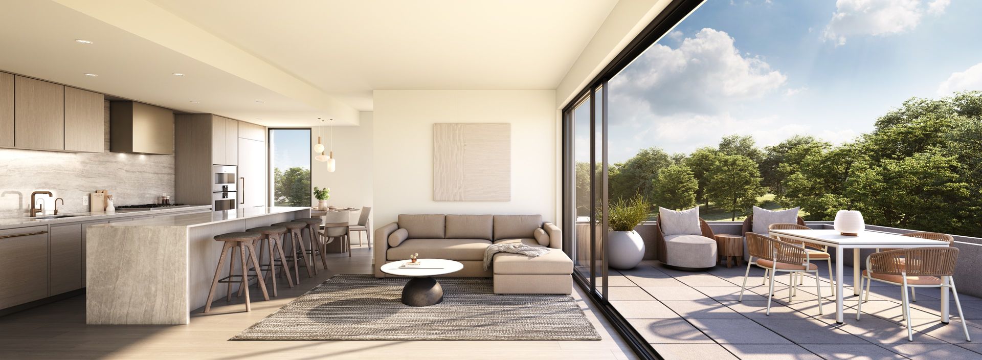 3D rendering - Townhome kitchen living patio