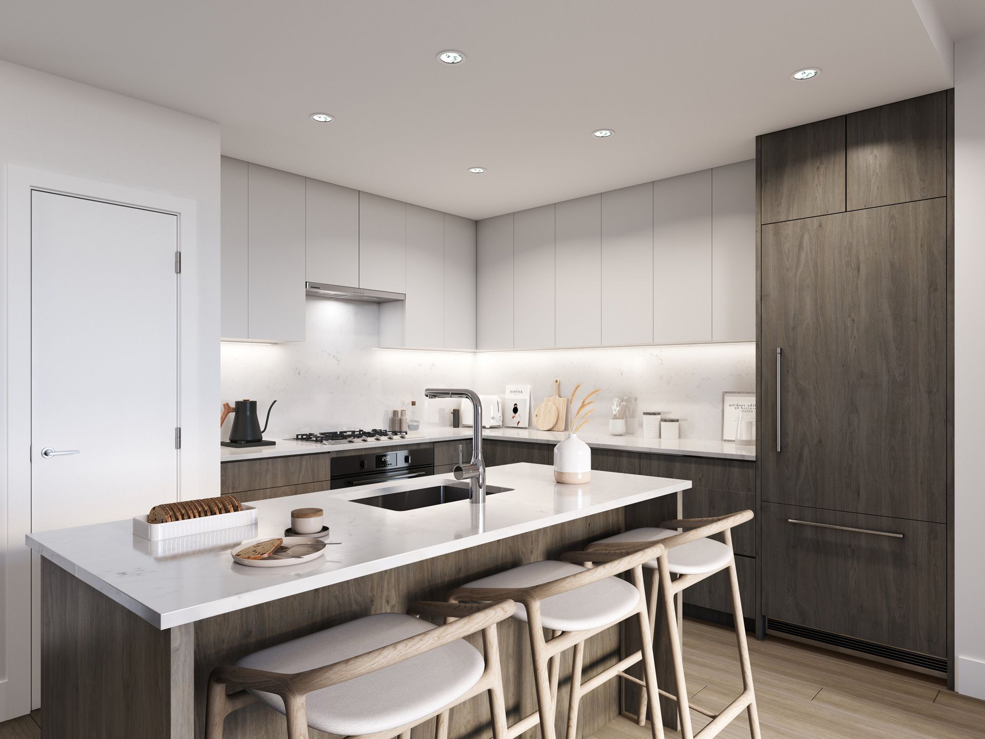 Real estate presale kitchen rendering. Interior design dark wood cabinets. Soft lighting interior rendering.