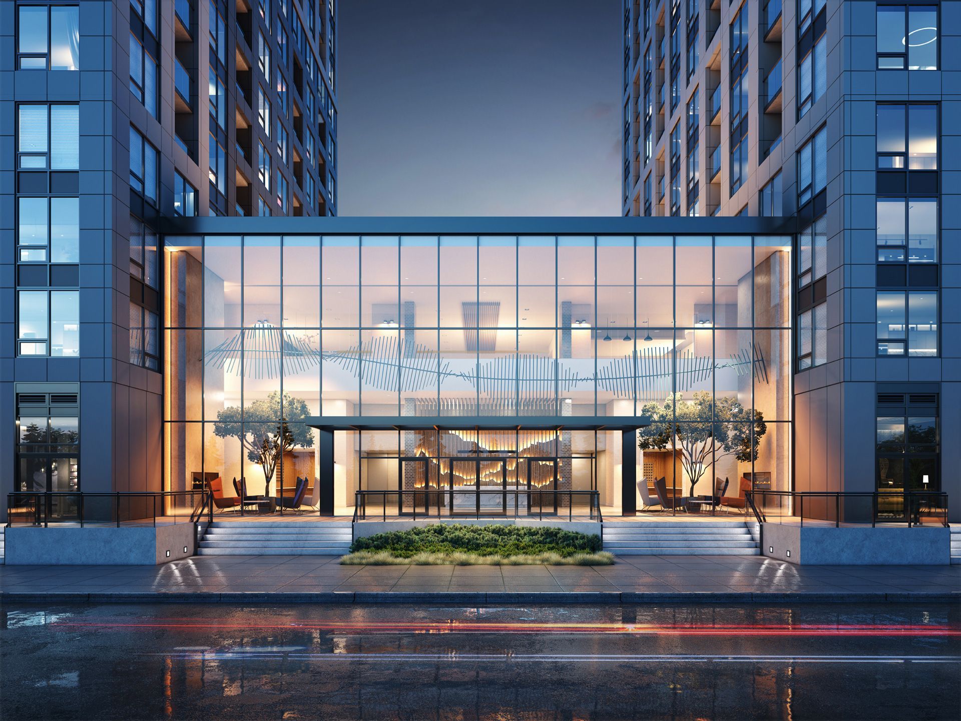 Real estate presale exterior lobby entrance rendering. BLVD Calgary Canada. Night time rendering. Time lapse light streaks.