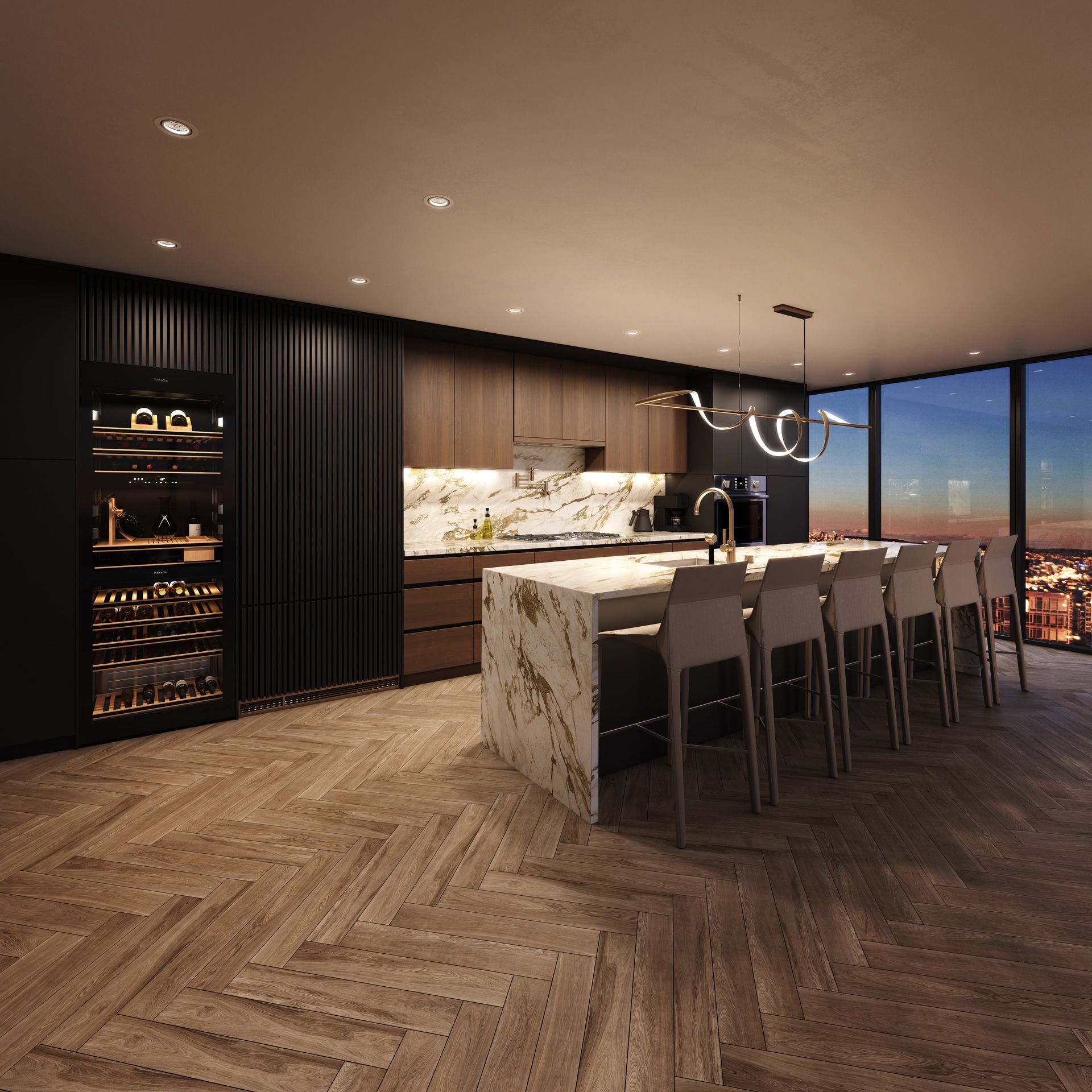 Real estate presale rendering penthouse Kitchen. Interior design with wood cabinets and flooring, marble island countertop.