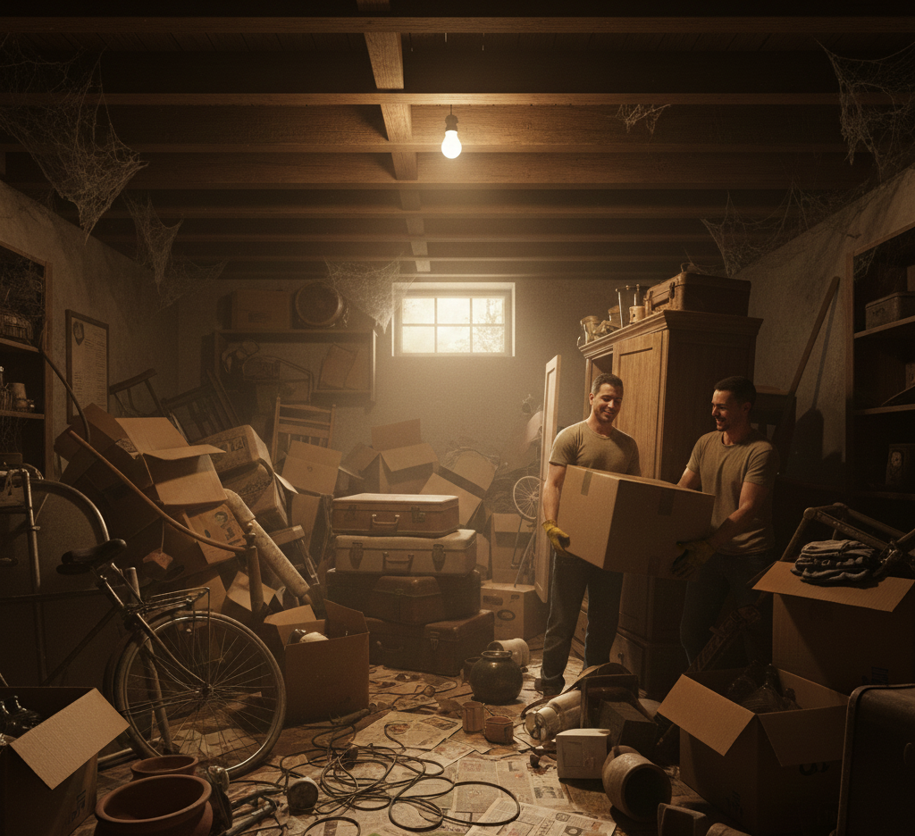 Due persone trasportano una scatola in uno scantinato disordinato e polveroso, pieno di scatole, una bicicletta e luci soffuse.