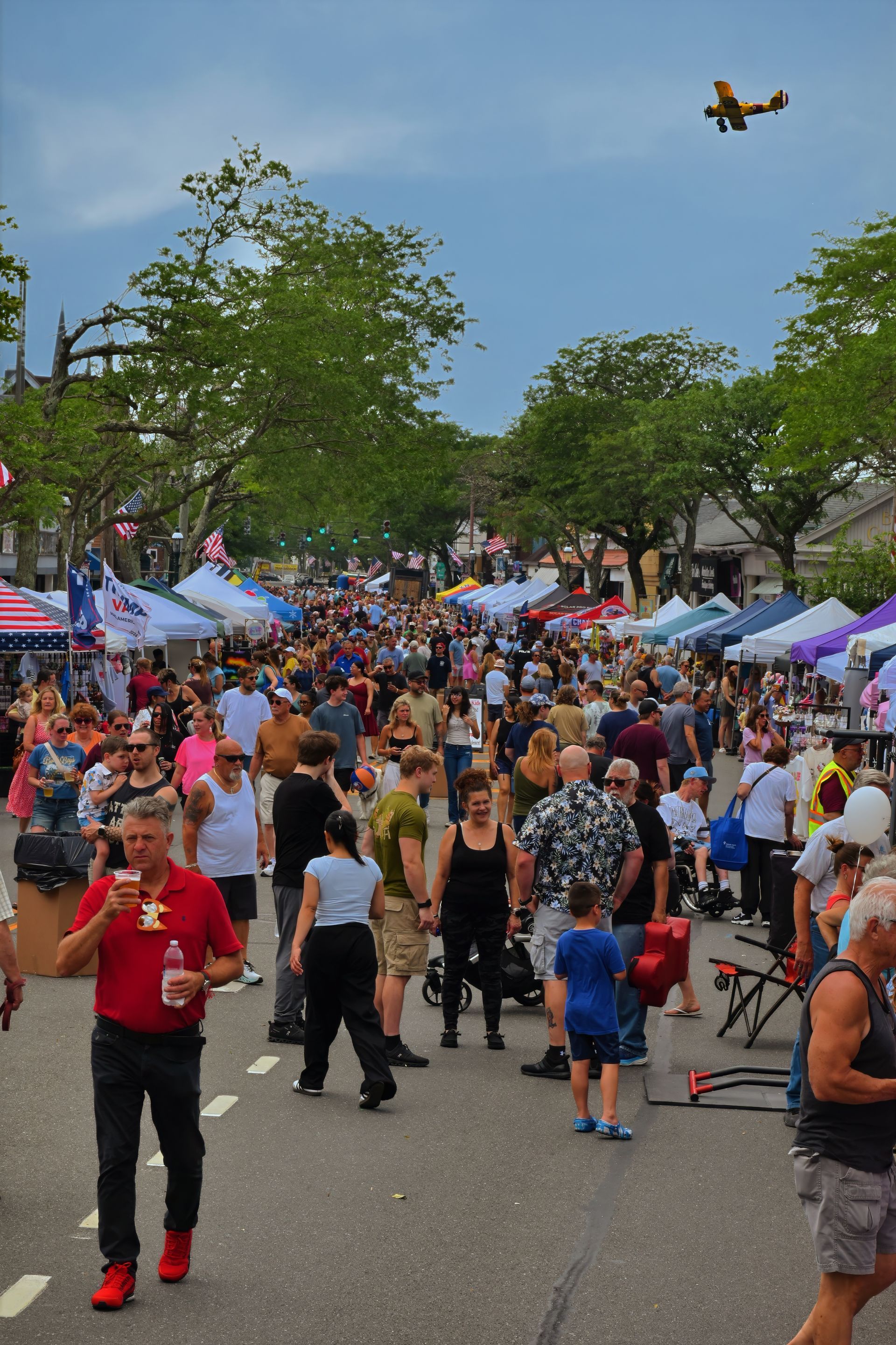 Street fair crowded with people, vendors, and a plane overhead.