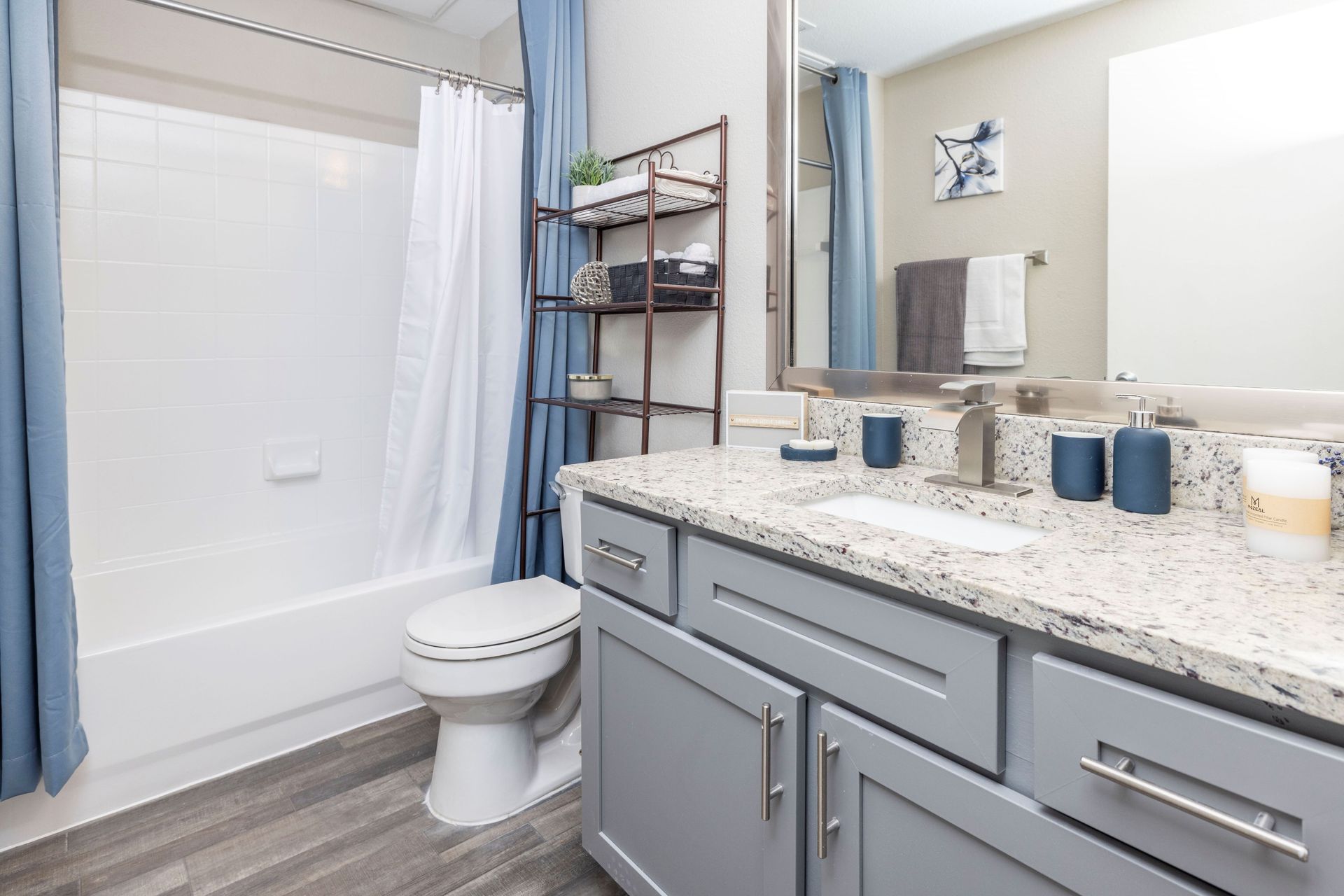 A bathroom with a sink , toilet , bathtub and mirror at Allure at Shavano.