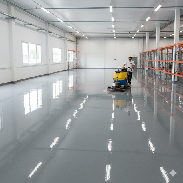 Man operating floor cleaning machine in a large, bright warehouse with reflective, gray floor.