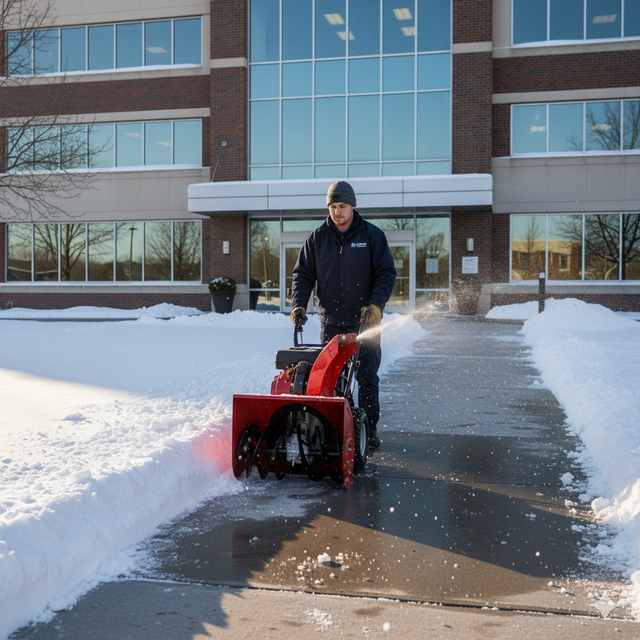 Clean public restroom with stalls, sinks, and a cleaning cart with supplies.