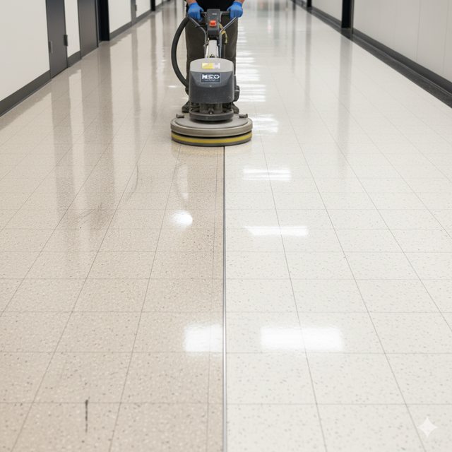 Person cleaning a tile floor with a floor buffer in a long hallway; one half of floor is cleaned.