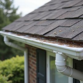 White gutters on a house roof filled with leaves and debris. A downspout is visible.