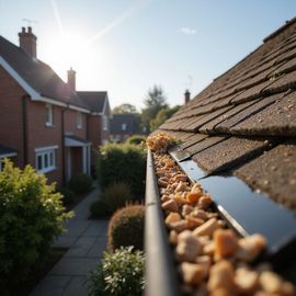Gutter filled with rocks and debris on a residential roof. Sunny day, view of houses and sky.