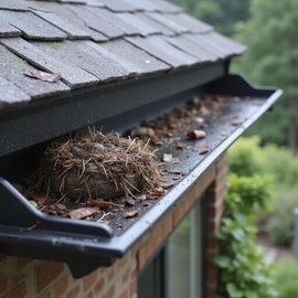 Gutter filled with debris and a nest, on a brick building with a tiled roof.