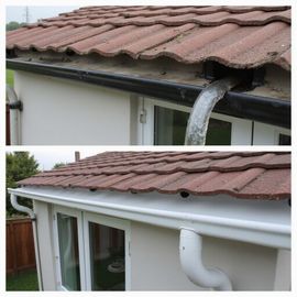 Top: Dirty gutter overflowing with water. Bottom: Clean white gutter and downspout.