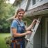 Woman on ladder cleaning gutters; blue shirt, denim overalls; smiles at camera, outside.