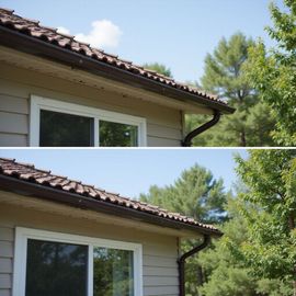 Top: House with brown gutters, roof, and a blue sky. Bottom: Same, with slightly darker colors.
