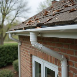A brick building with white gutters and downspout. Brown leaves on the roof.