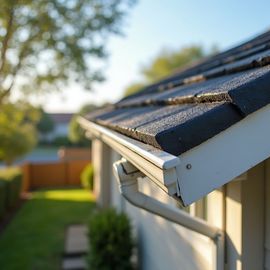 Roof with black shingles, white gutters, and downspout on a house with a green lawn.