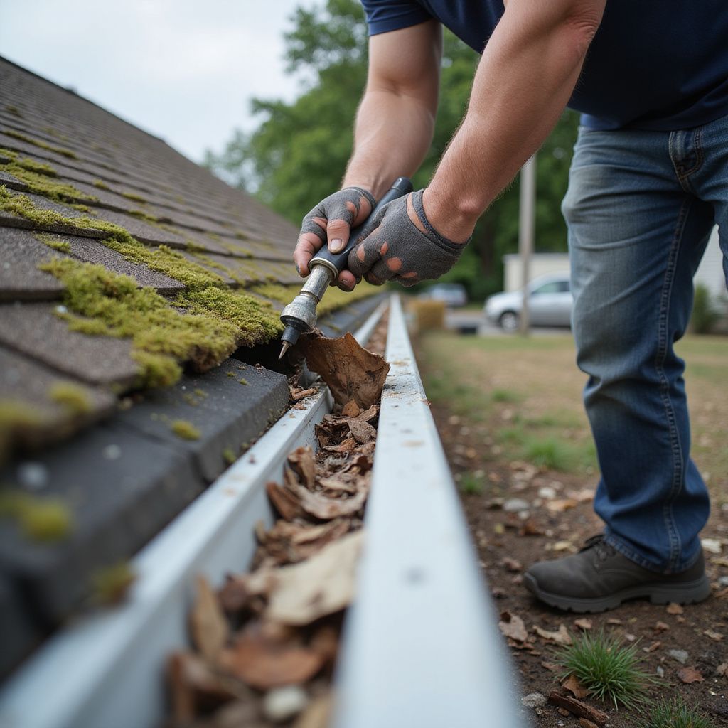 Person cleaning a gutter of leaves. The man wears gloves and jeans. The gutter is near a roof with moss.