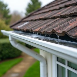 White gutter on a house roof with terracotta-colored tiles, water dripping.