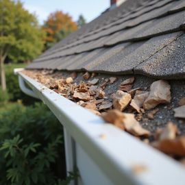 Roof gutter filled with debris; white gutter, gray shingles, green trees.