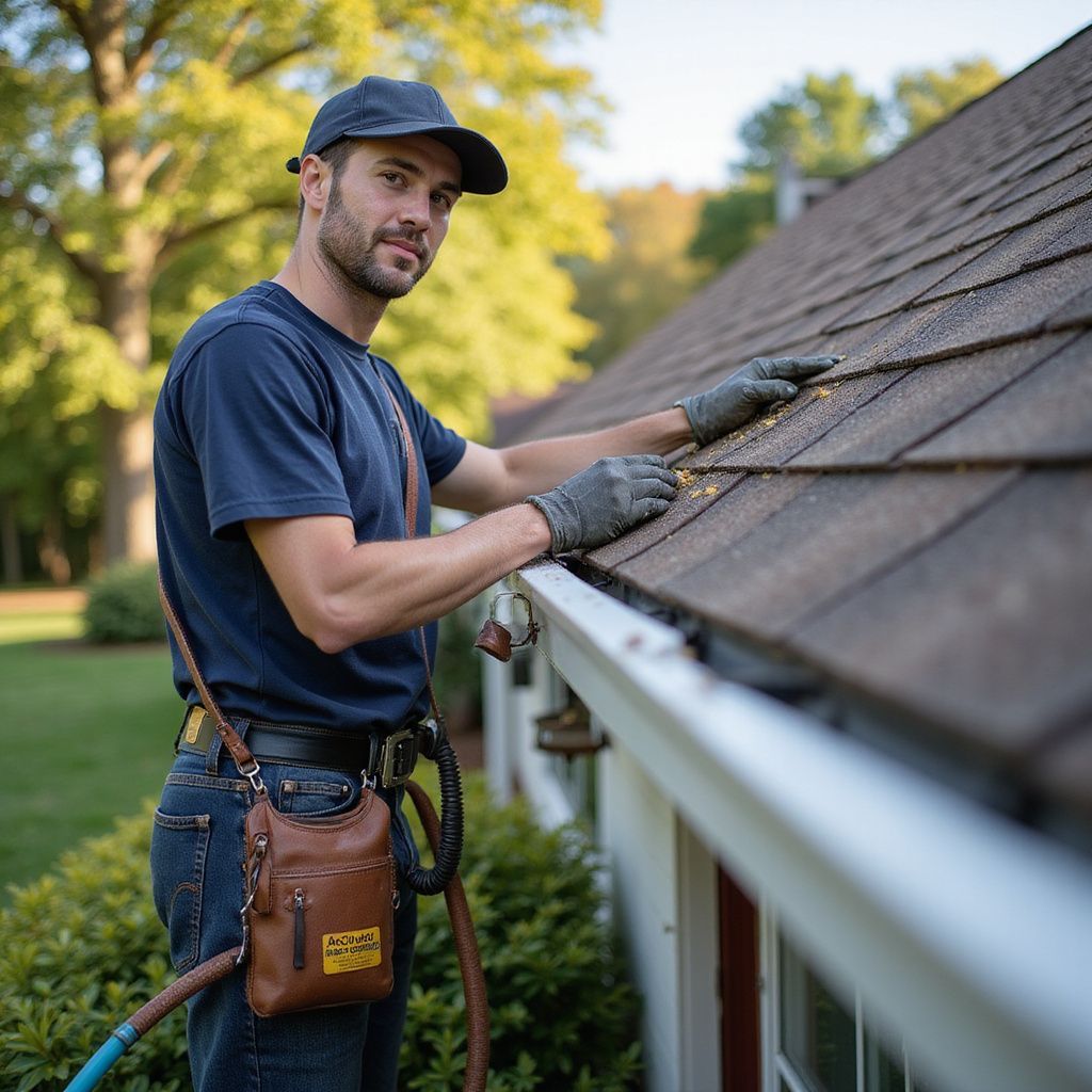 Man in blue shirt and cap, cleaning roof gutter with gloved hands.