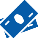 A blue icon of a stack of money with a hole in the middle.