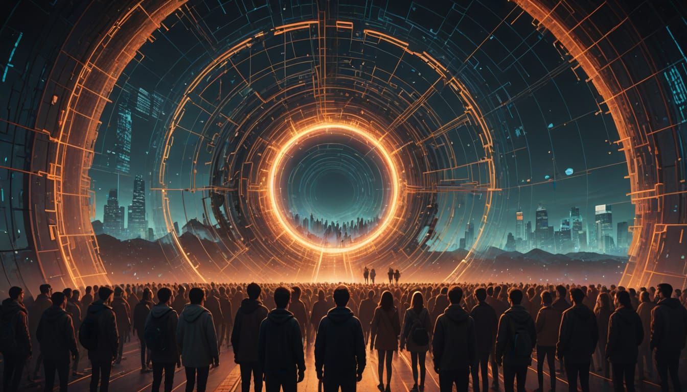 People facing a large, glowing portal with a city skyline backdrop, within a circular structure.