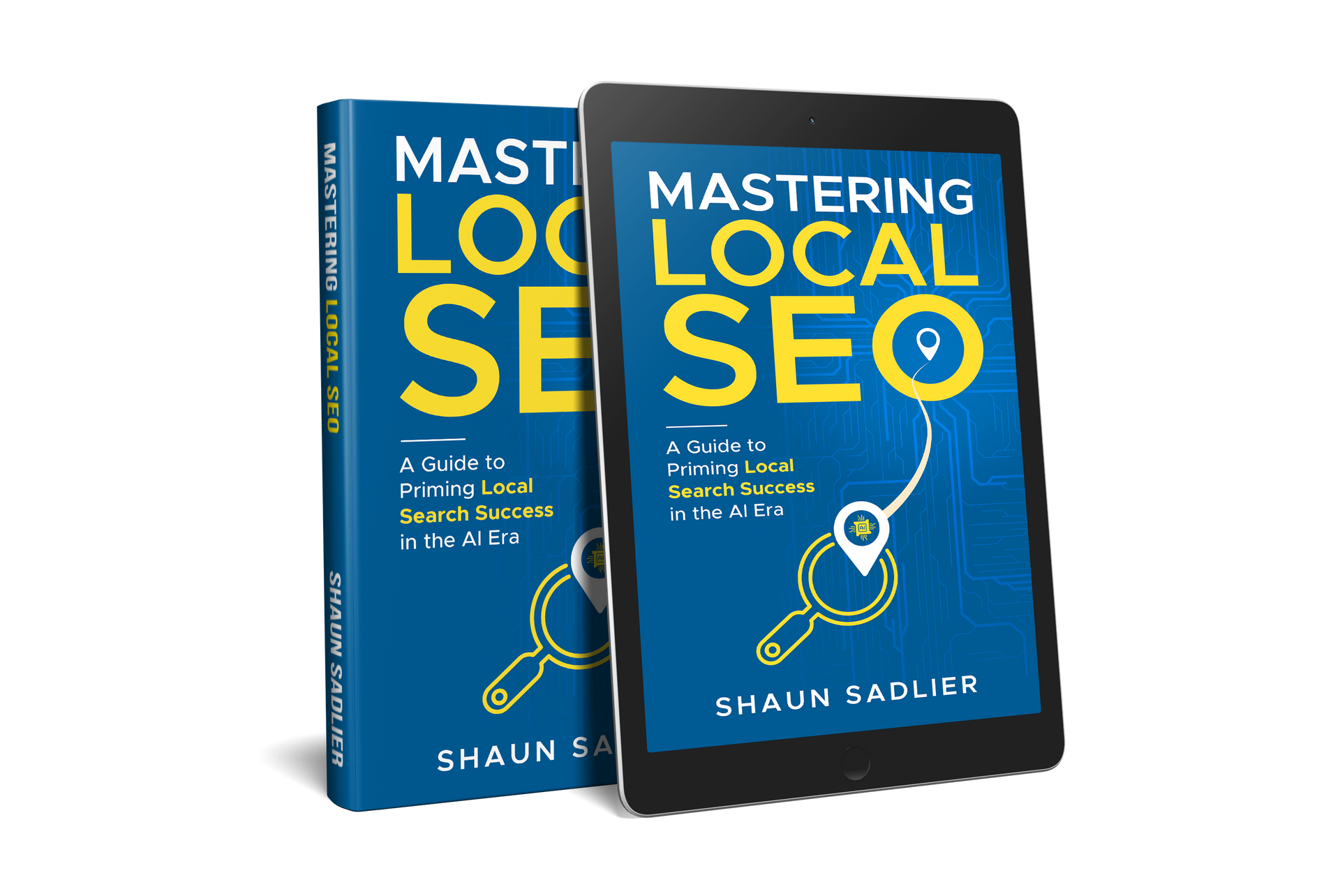 A tablet is sitting next to a book titled mastering local seo.