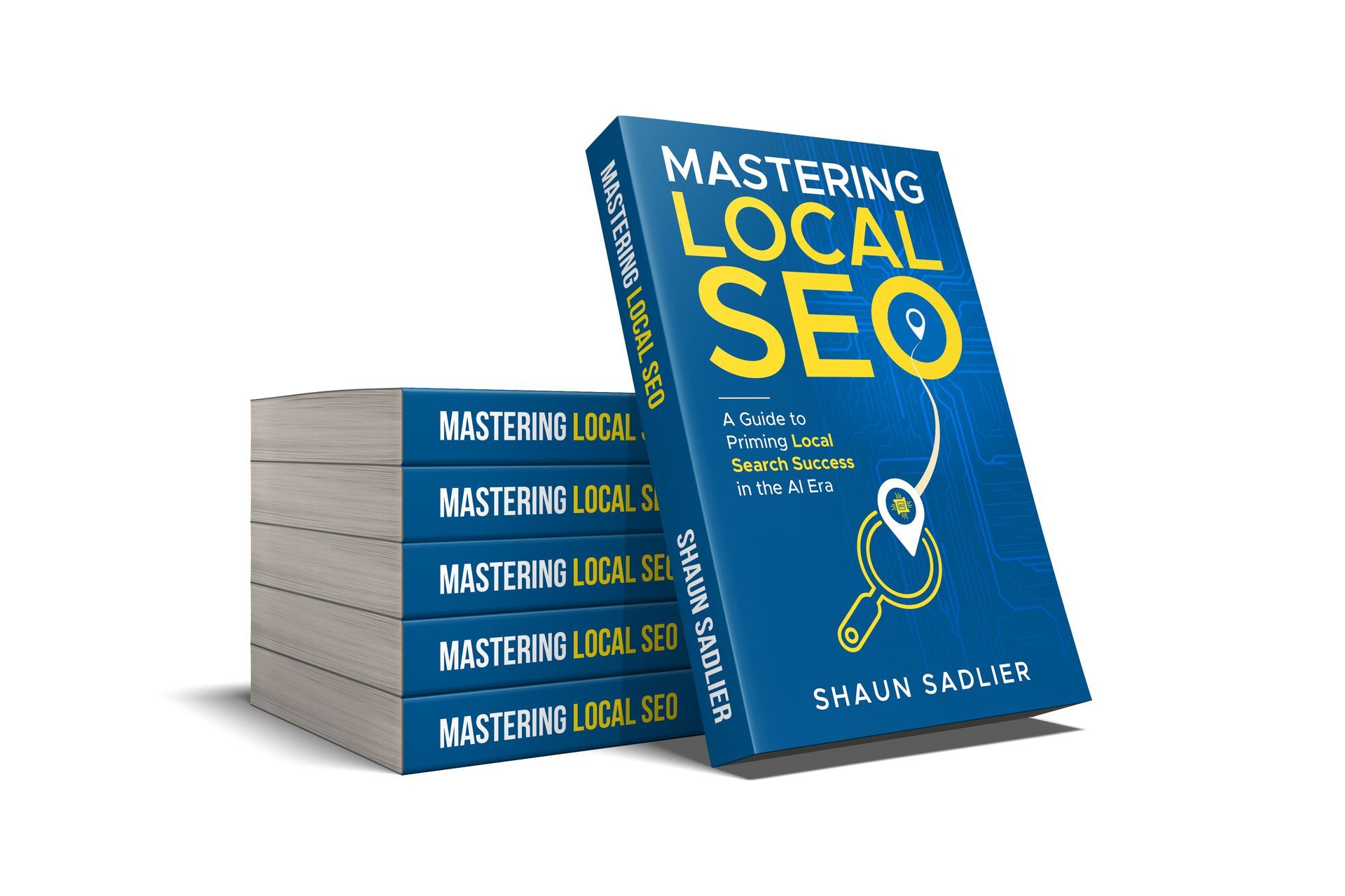 A stack of books titled mastering local seo