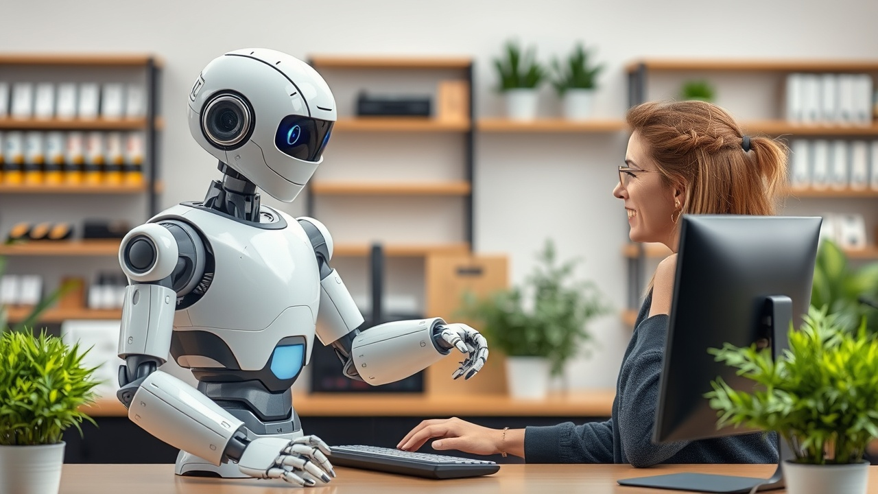 A woman is sitting at a desk talking to a robot.