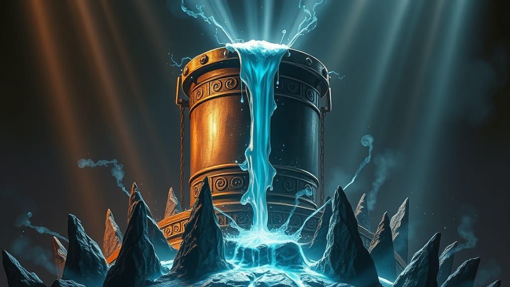 A cylindrical structure with a glowing blue stream pouring out; surrounded by jagged rocks; with beams of orange and blue light.