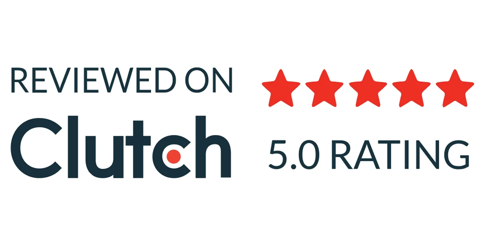 A logo that says `` reviewed on clutch 5.0 rating ''
