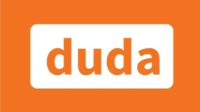 An orange and white logo for duda