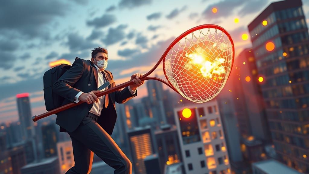 Man in suit wearing mask uses a large net to capture glowing objects against a city skyline.