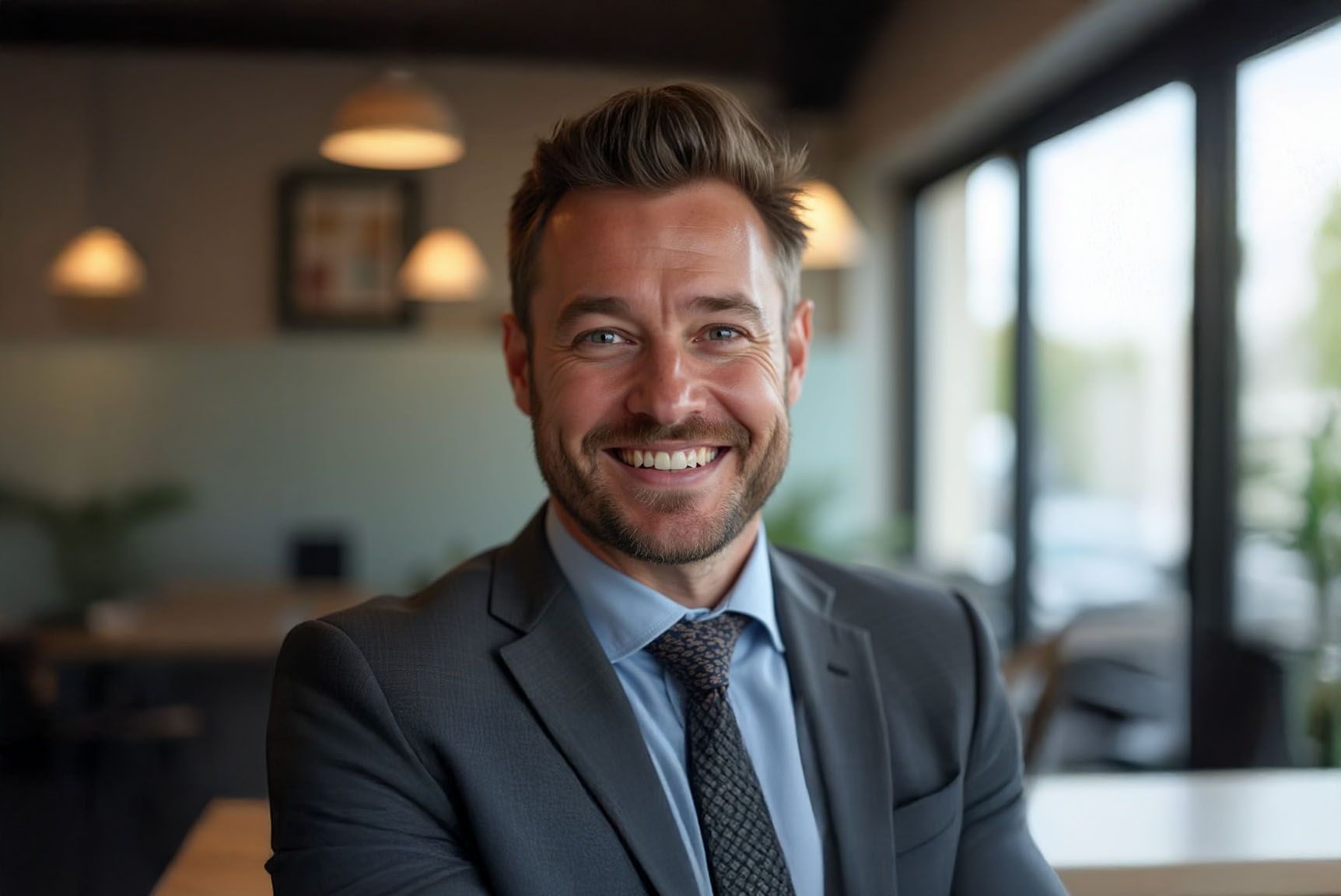 A man in a suit and tie is smiling while sitting at a table.