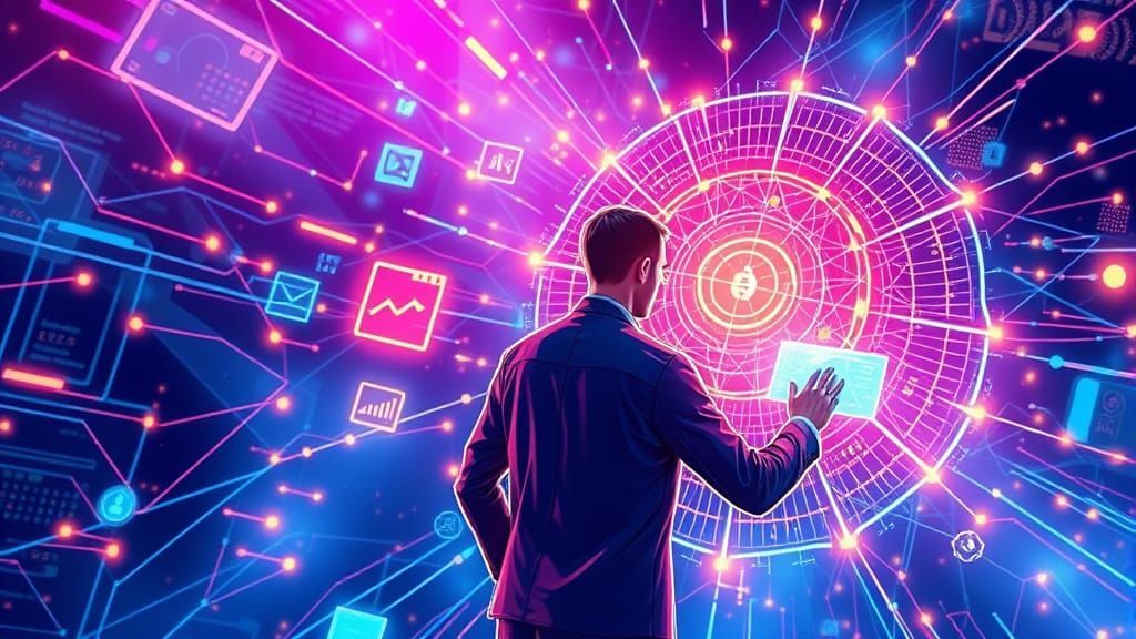 Man in suit interacts with a glowing, digital interface. Pink and blue data streams surround him.