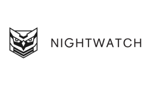 A black and white logo for nightwatch with an owl on it.