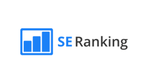 A blue and white logo for se ranking with a bar graph.