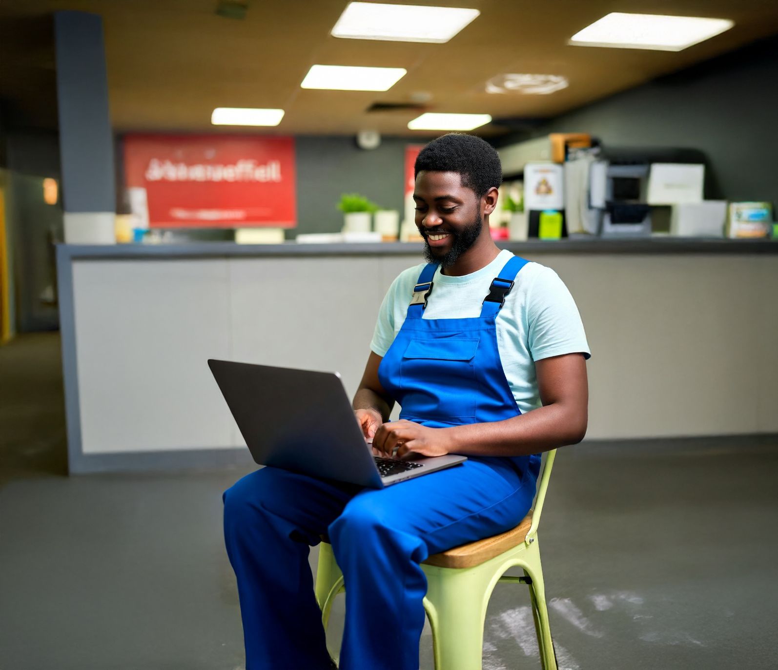 Man in blue overalls smiles while using a laptop, seated inside a sheffield plumber business.