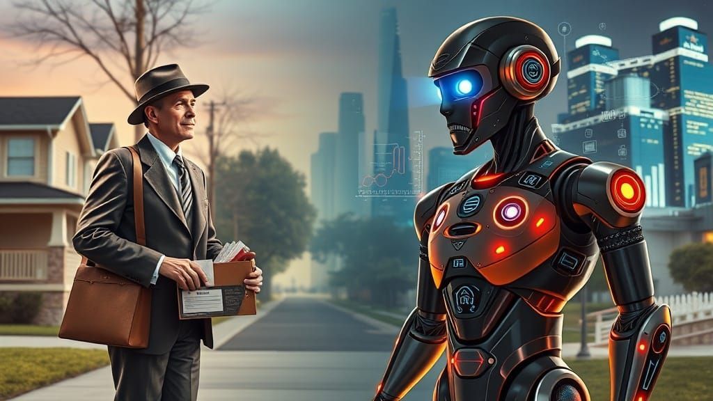 A mail carrier in a suit faces a futuristic robot on a suburban street with a cityscape background.