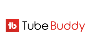 A red and white logo for tube buddy on a white background