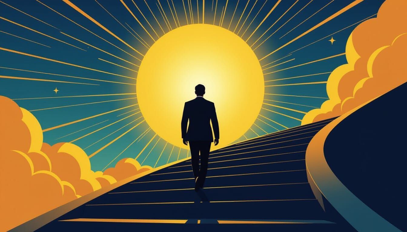 Silhouette of a person walking up stairs toward a bright sun in a blue sky with orange clouds.