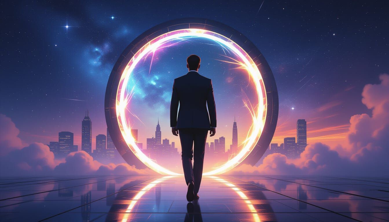 A man in a suit walks toward a glowing portal, city skyline in background, night sky.