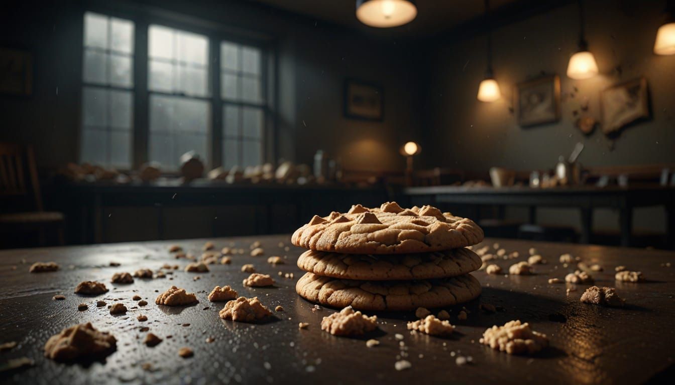 Stack of chocolate chip cookies on a table, with crumbs scattered around; blurry room in background.