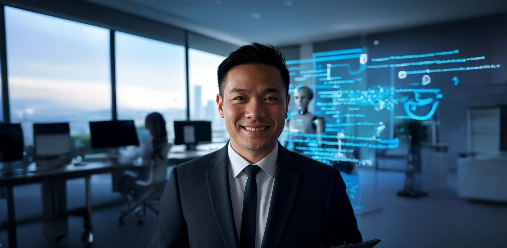 A man in a suit and tie is smiling in an office.
