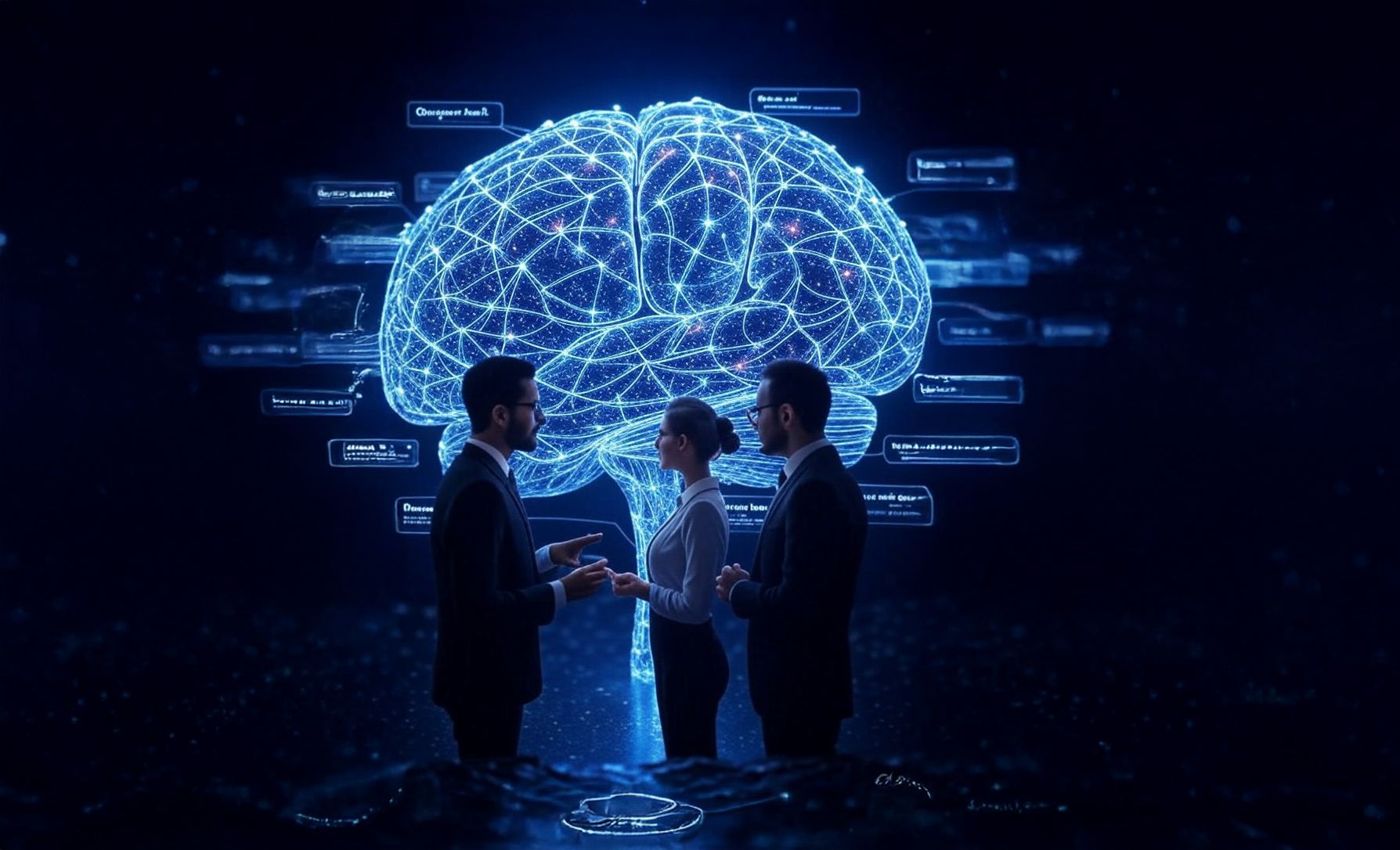 A group of people are standing in front of a computer generated brain.