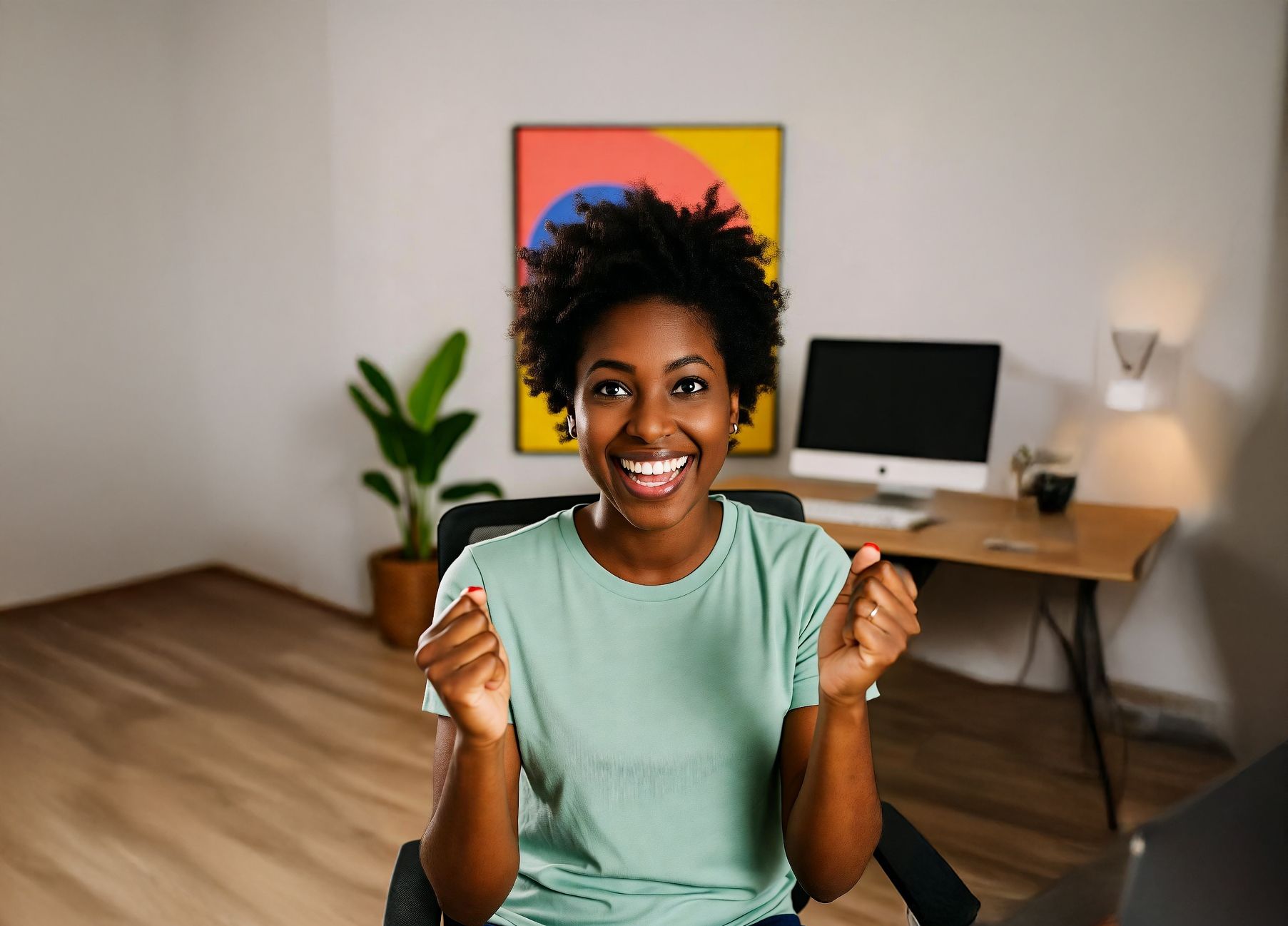 Woman cheering, seated at a desk in a home office with computer, plant, and colorful wall art.