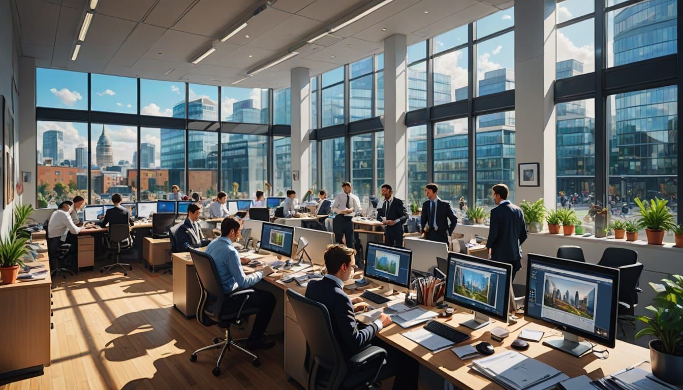 Office with employees working at desks, large windows with city view.